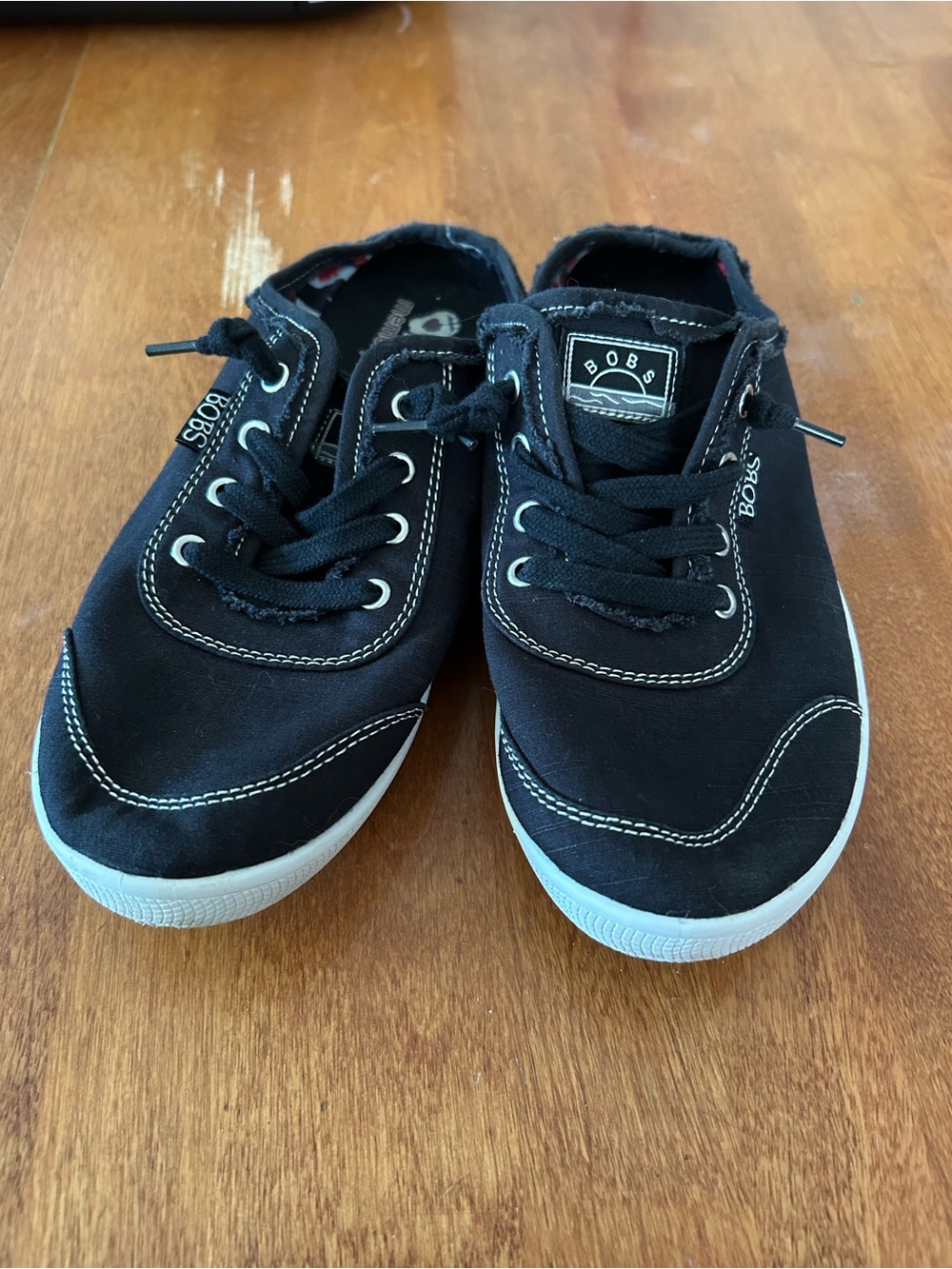 BOBS from Skechers Black Canvas Low-Top slip-on Sneakers with White Soles